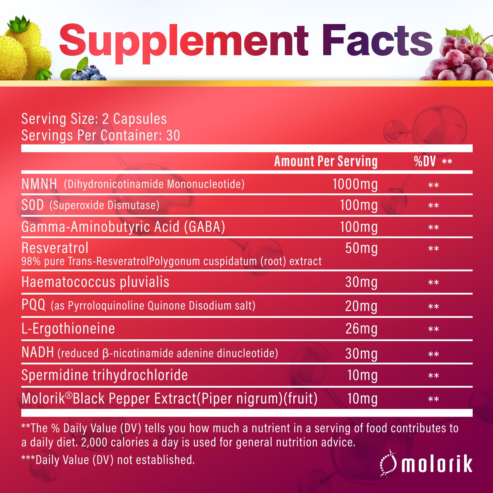 Molorik Pure NMNH capsules close-up highlighting capsule shape and purity cue for energy focus
