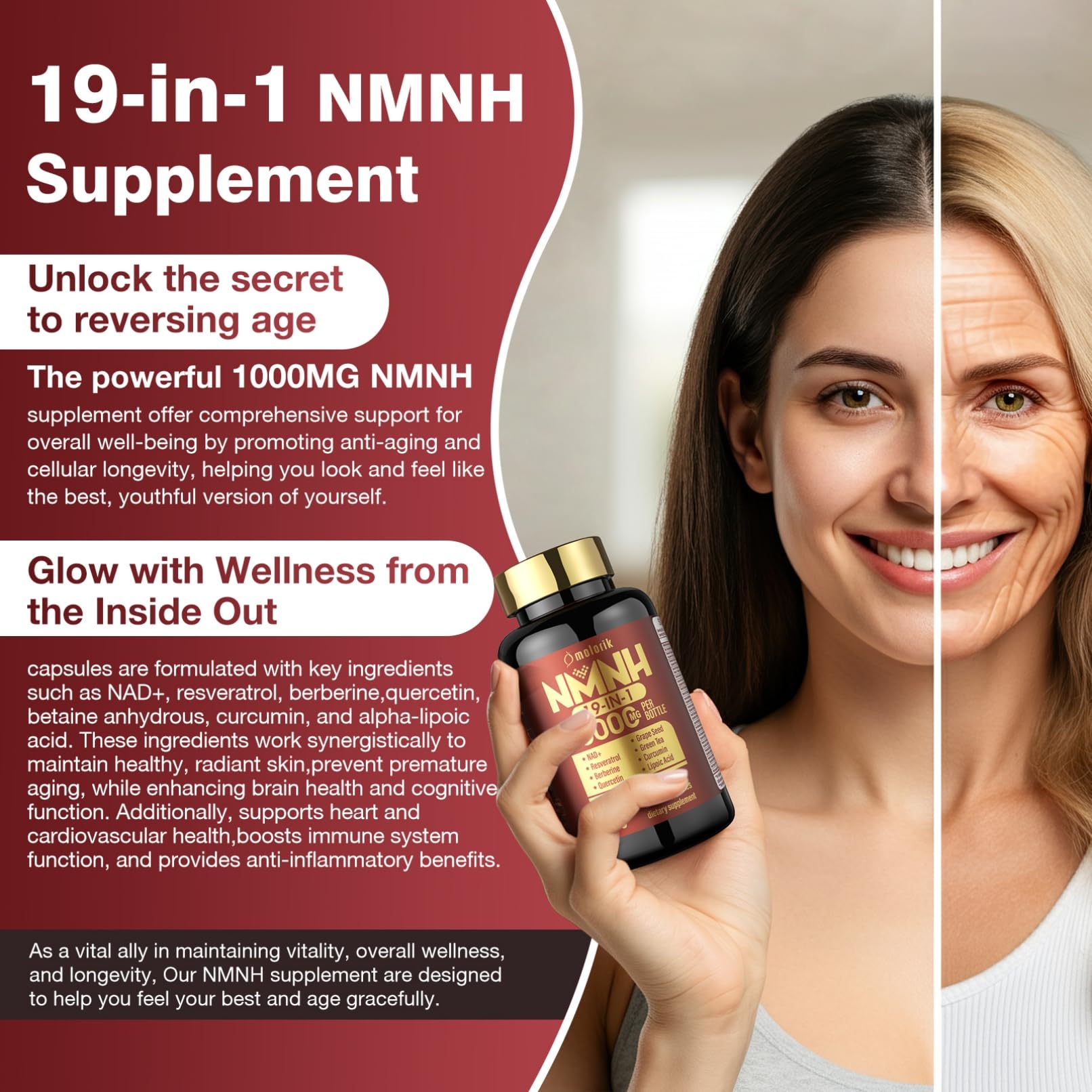 Molorik Pure NMNH capsules closeup emphasizing high potency per serving.