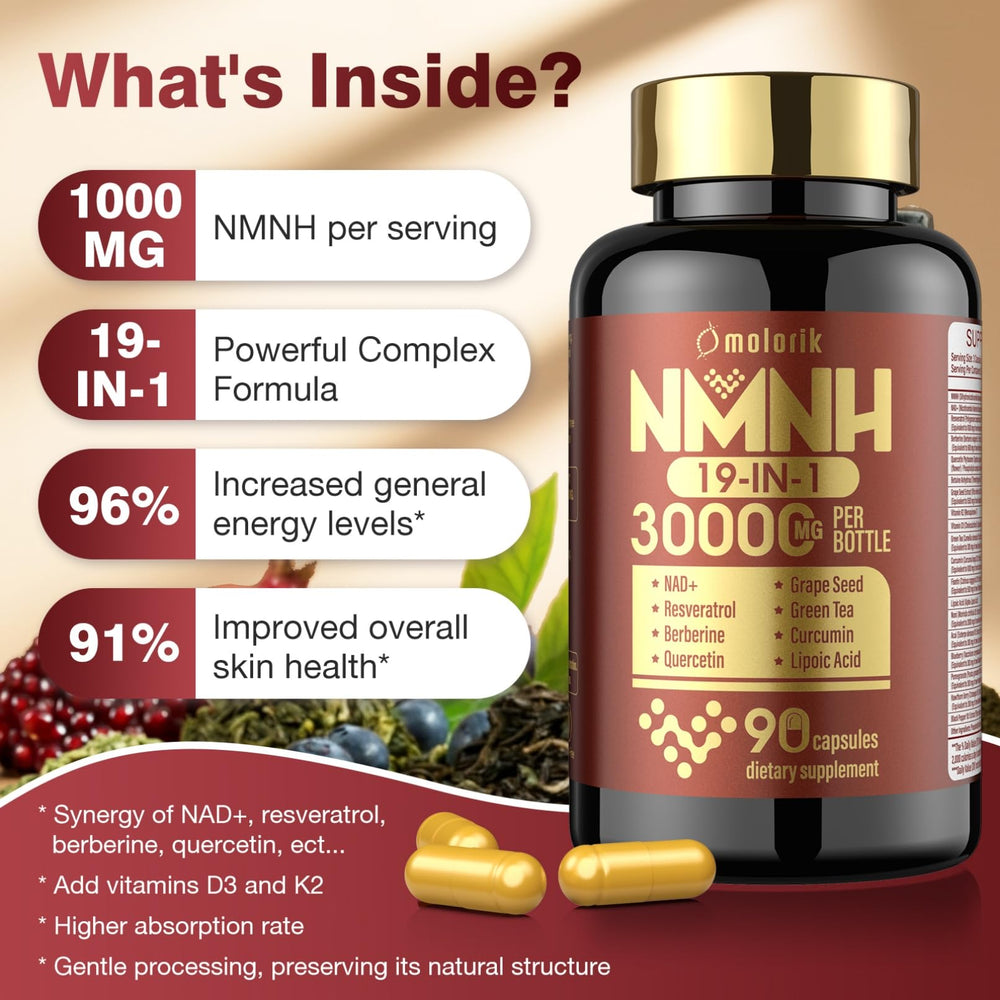 Molorik Pure NMNH daily-dose scene suggests easy routine for NAD+ support.