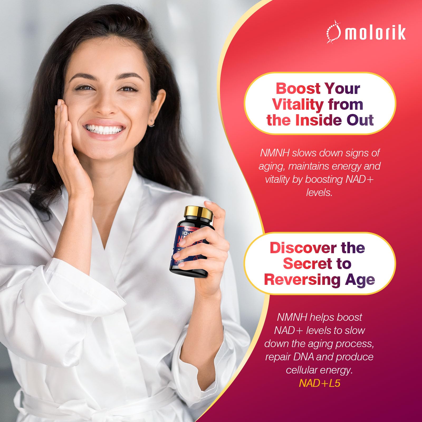 Molorik Pure NMNH packaging box with product information and assurances