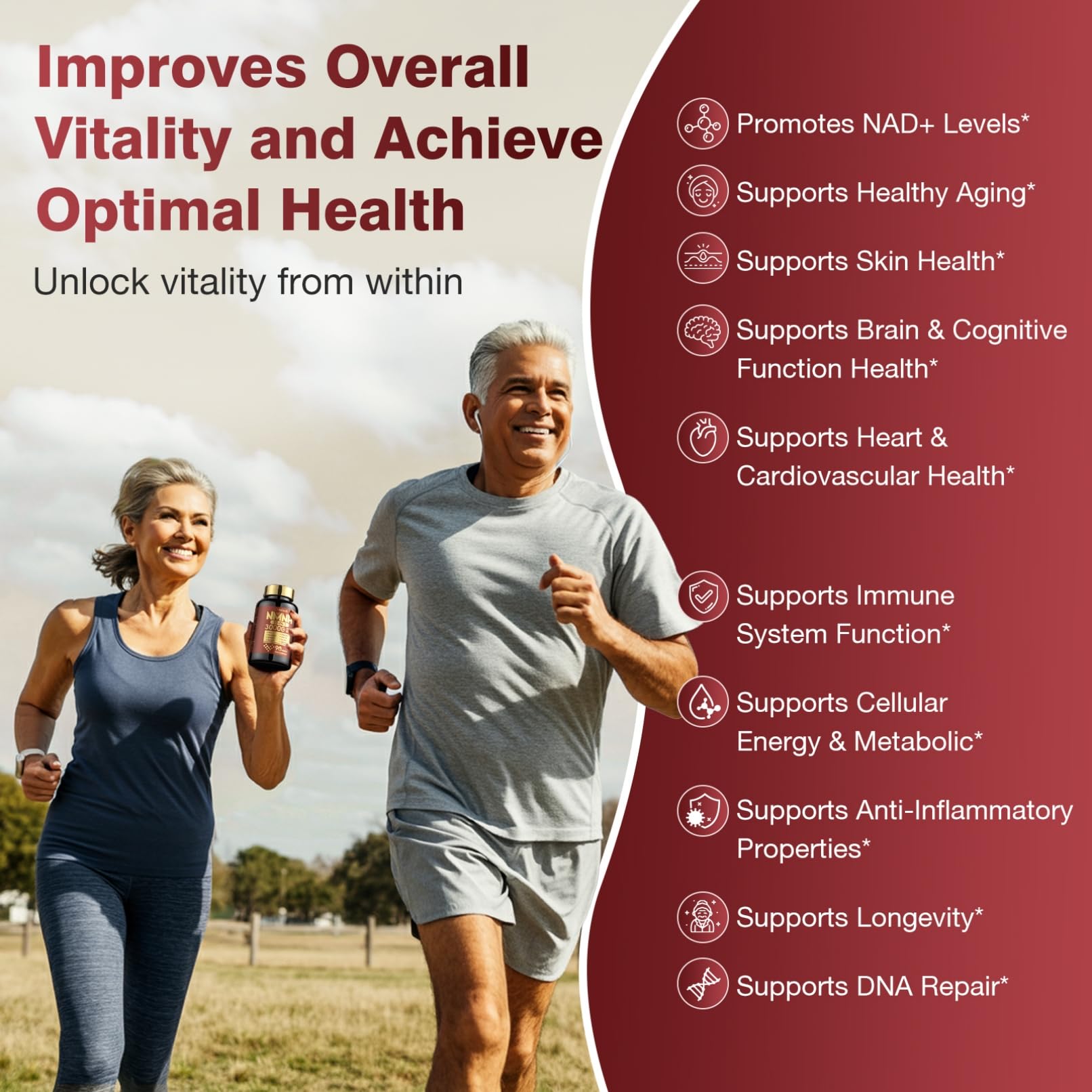 Molorik Pure NMNH vitamin D3 K2 illustration highlights immune and bone support.