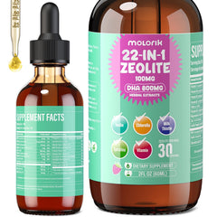 Molorik Pure zeolite detox berry bottle showing easy daily detox for all ages