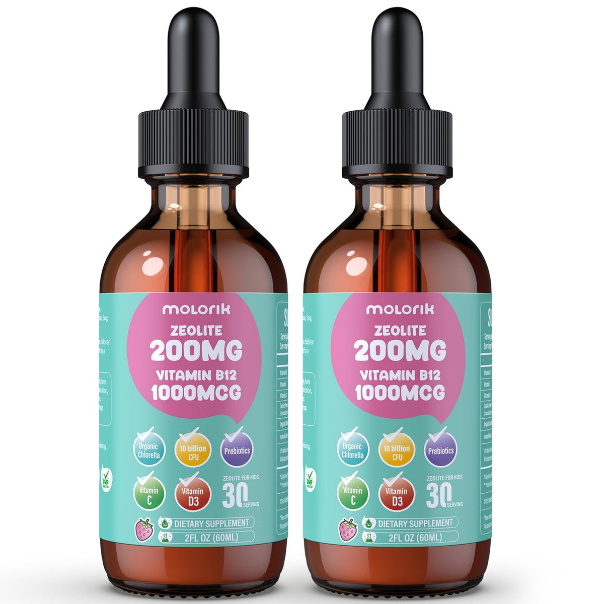 Molorik Pure Zeolite Drops strawberry bottle supports daily gut balance.
