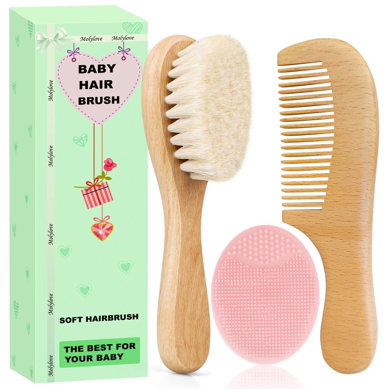 Molylove baby hair brush with goat-hair bristles gently detangles delicate scalps