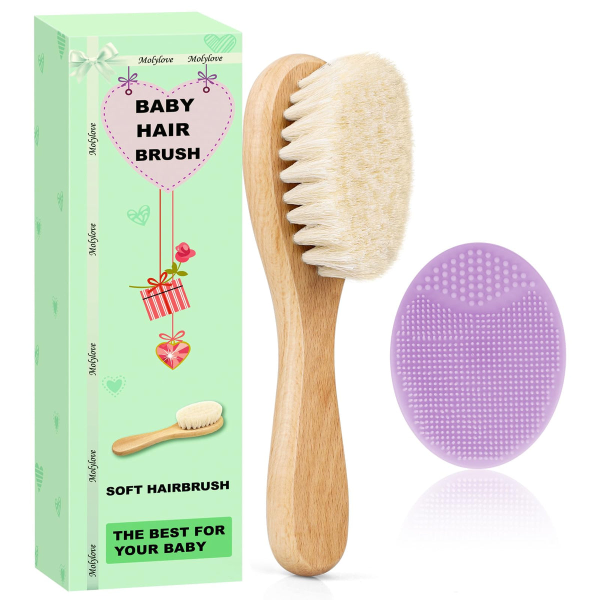 Molylove baby hair brush with natural goat bristles for gentle scalp massage
