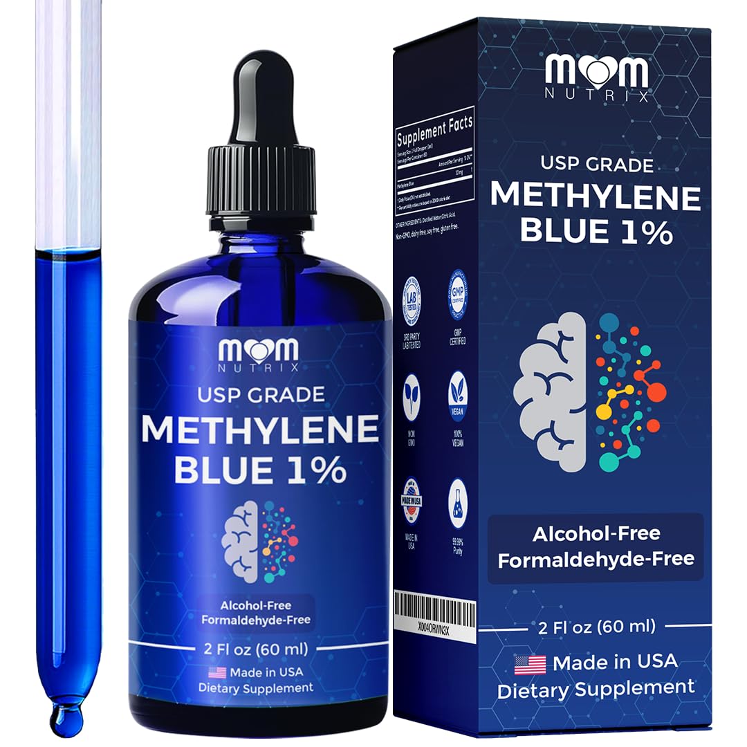 MOM NUTRIX Methylene Blue bottle with focus on purity and dosage.