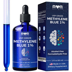MOM NUTRIX Methylene Blue bottle with focus on purity and dosage.