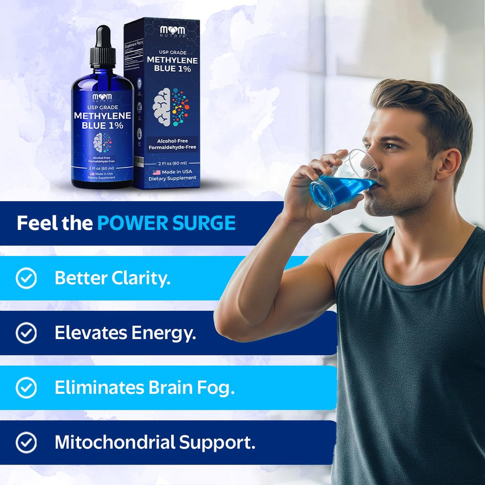 MOM NUTRIX Methylene Blue dosage drops illustrating quick servings.