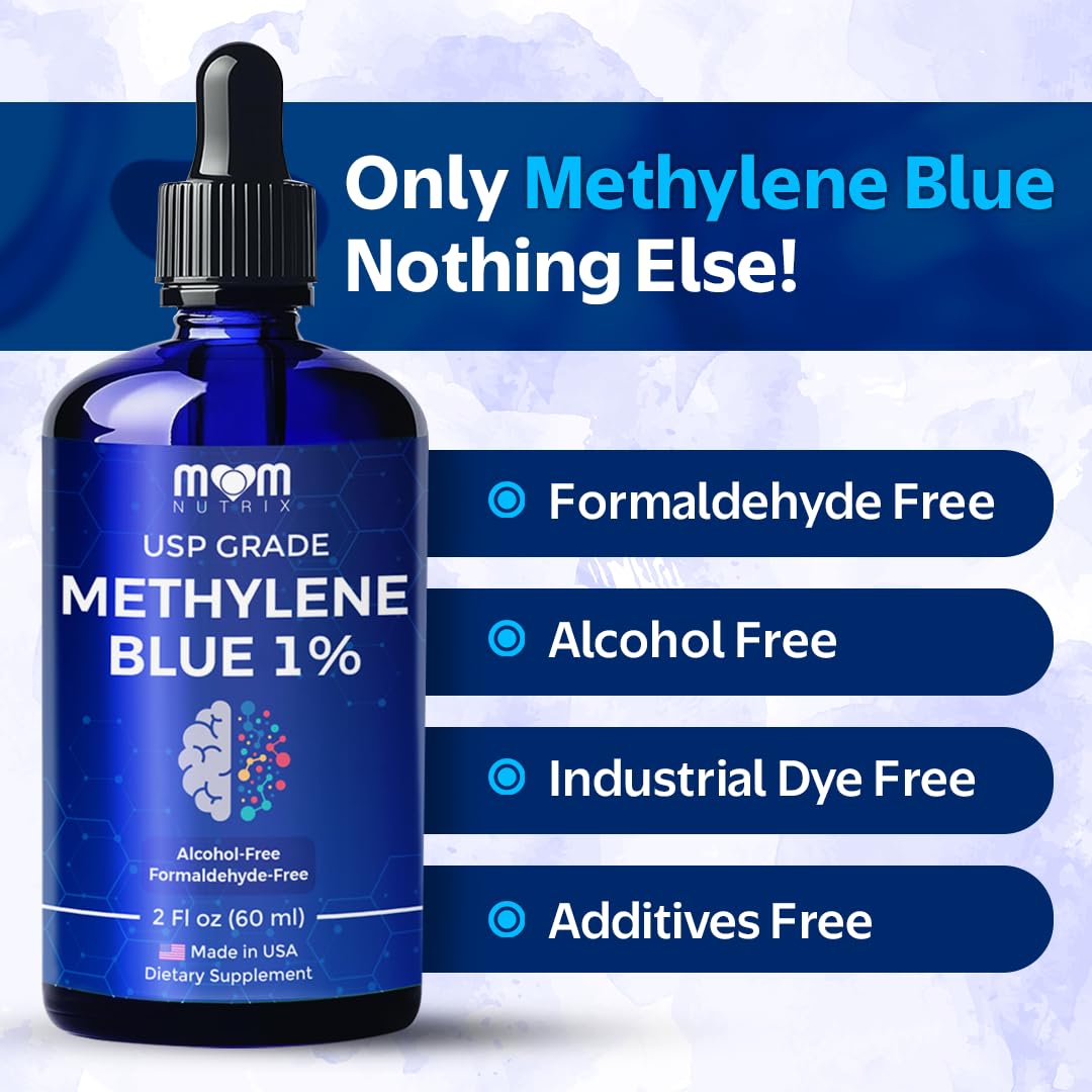 MOM NUTRIX Methylene Blue glass jar highlighting potency.