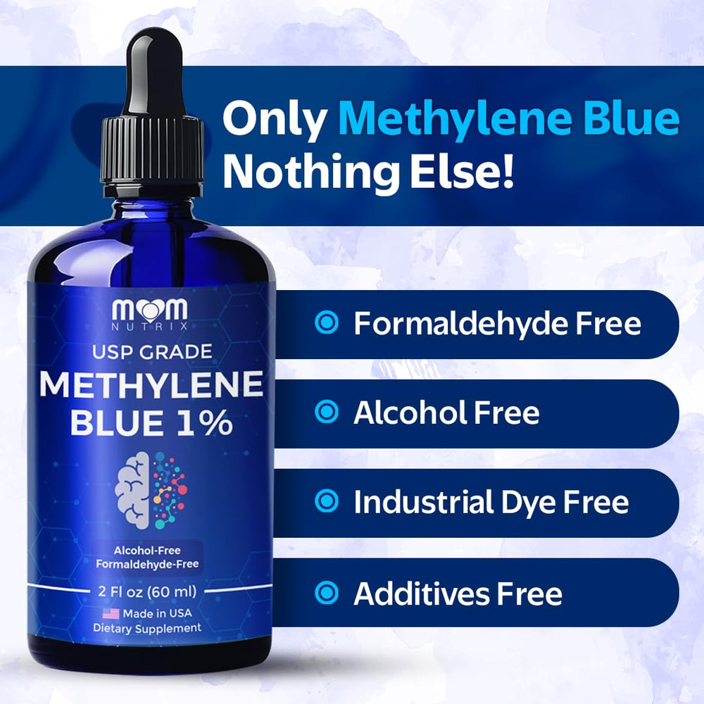 MOM NUTRIX Methylene Blue glass jar highlighting potency.