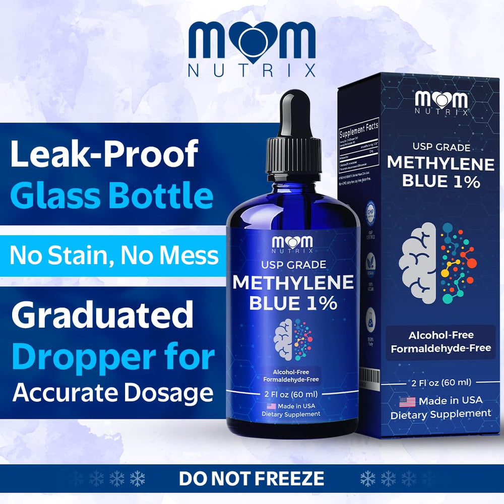 MOM NUTRIX Methylene Blue packaging box signaling USA-made quality.