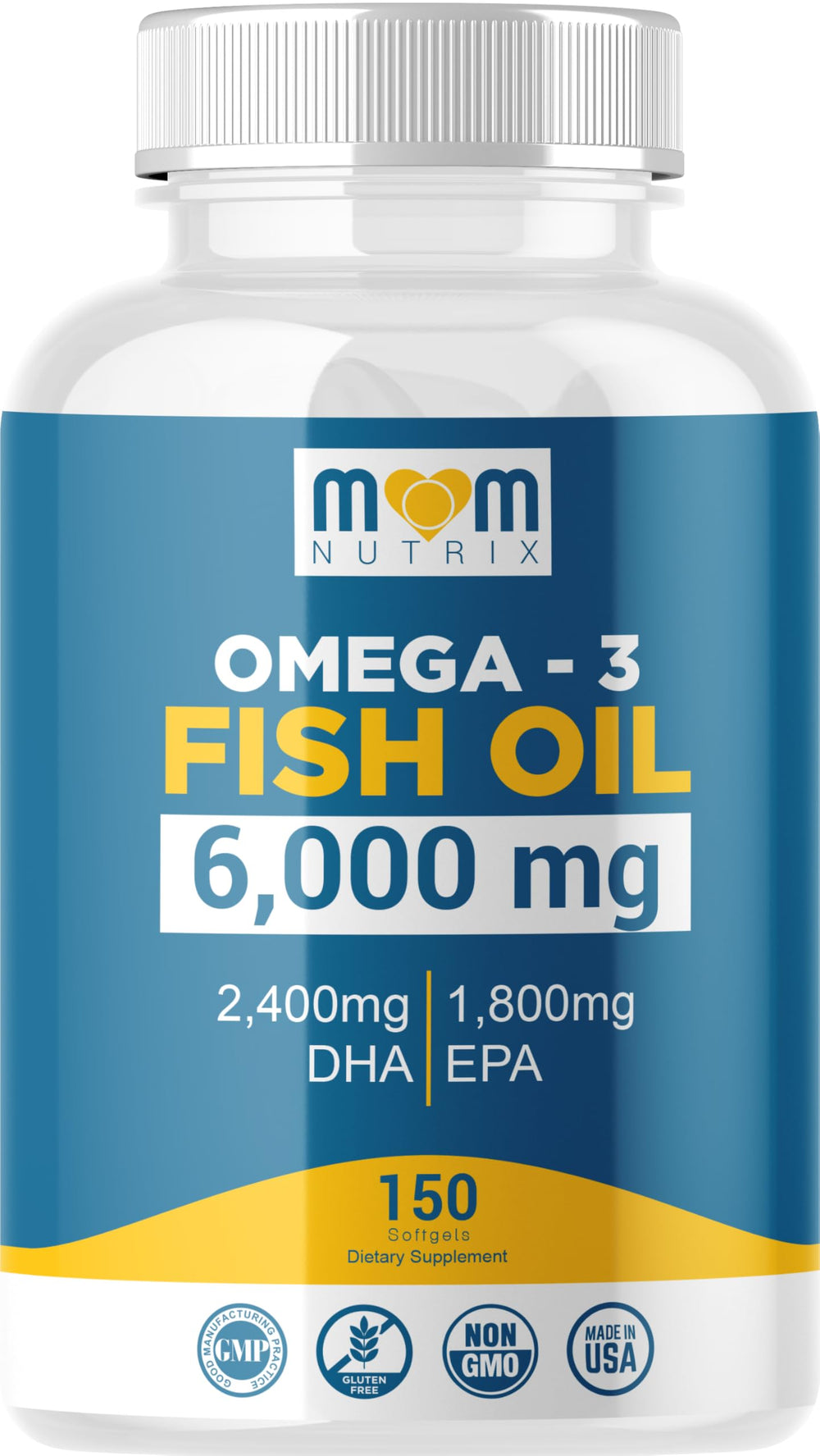 MOM NUTRIX Omega 3 bottle highlighting maximum EPA DHA for heart and brain support
