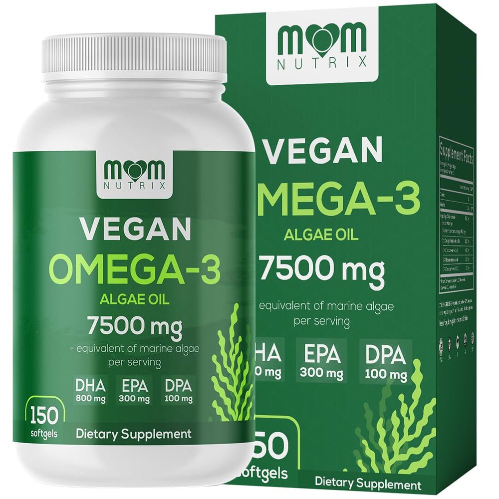 MOM NUTRIX vegan omega-3 bottle front view showing algae-based DHA and EPA benefits.
