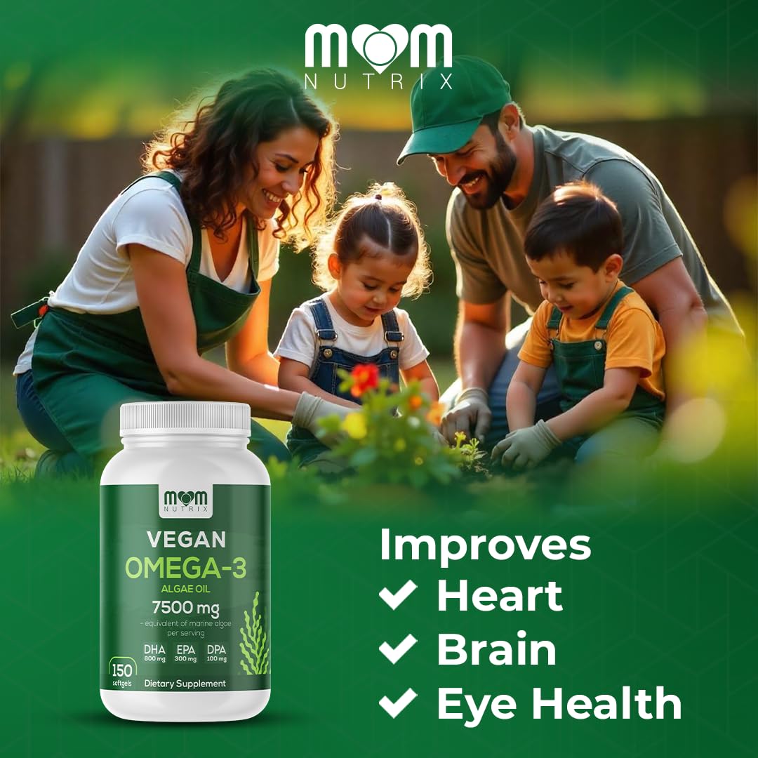 MOM NUTRIX vegan omega-3 label close-up with organic and non-GMO claims.