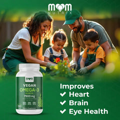 MOM NUTRIX vegan omega-3 label close-up with organic and non-GMO claims.