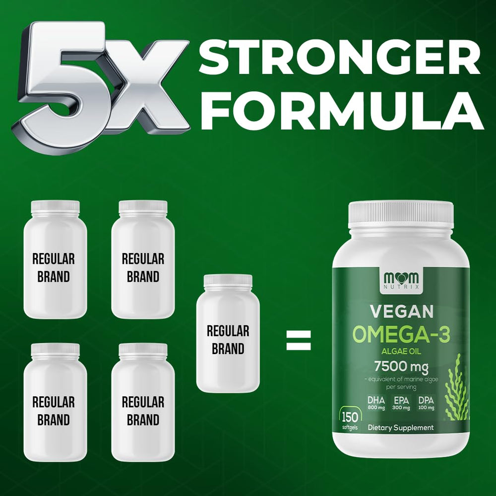 MOM NUTRIX vegan omega-3 pouring softgels illustrating daily convenience.