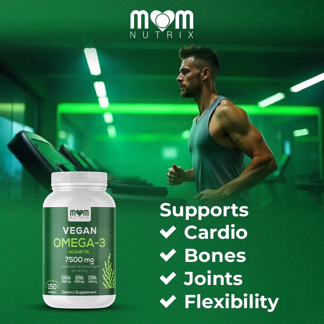 MOM NUTRIX vegan omega-3 softgels in hand for a simple daily routine.