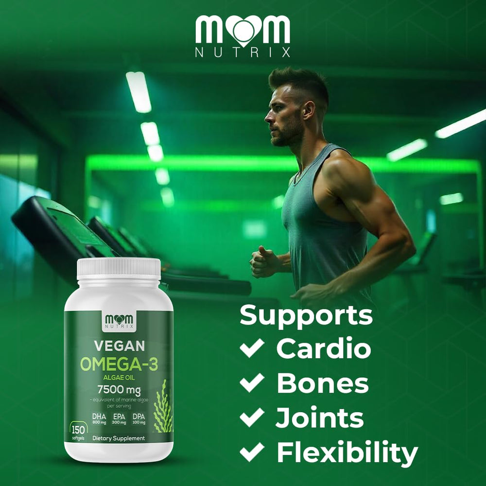 MOM NUTRIX vegan omega-3 softgels in hand for a simple daily routine.