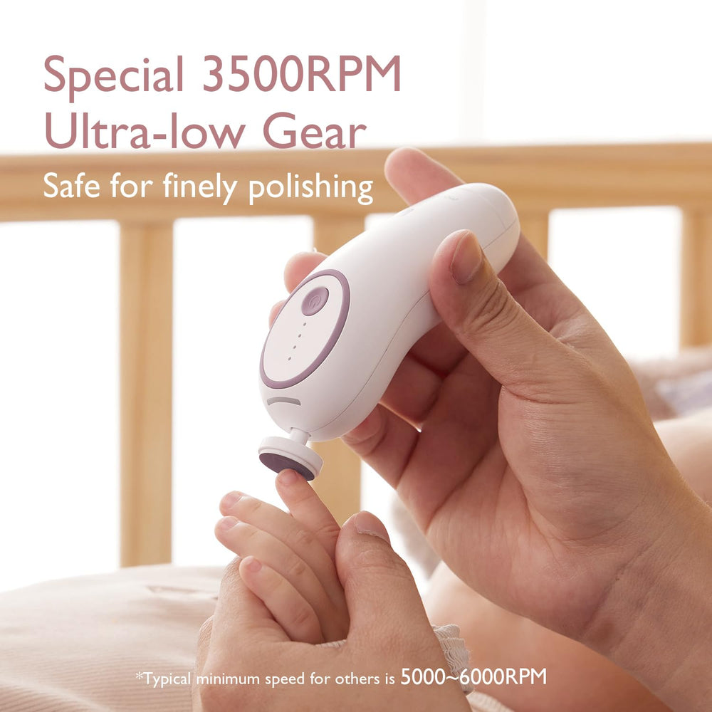Momcozy Baby Nail File Electric showing USB-C charging for reliable power