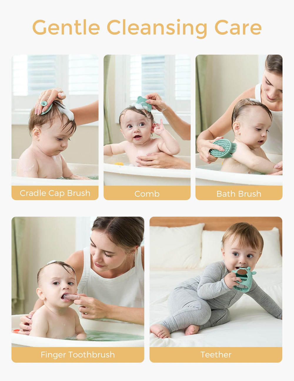 Momcozy Elite Baby Kit bath brush for gentle cleansing.