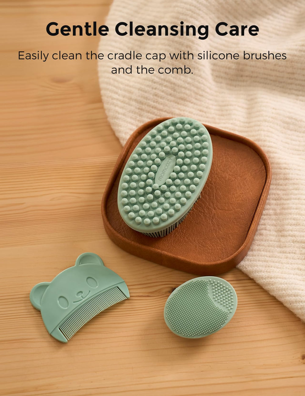 Momcozy Glow comb fits baby's head for gentle detangling.