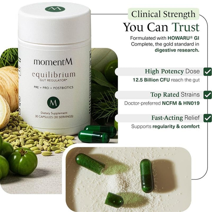 momentM Equilibrium capsules close-up, vegan delayed-release designed to reach the gut