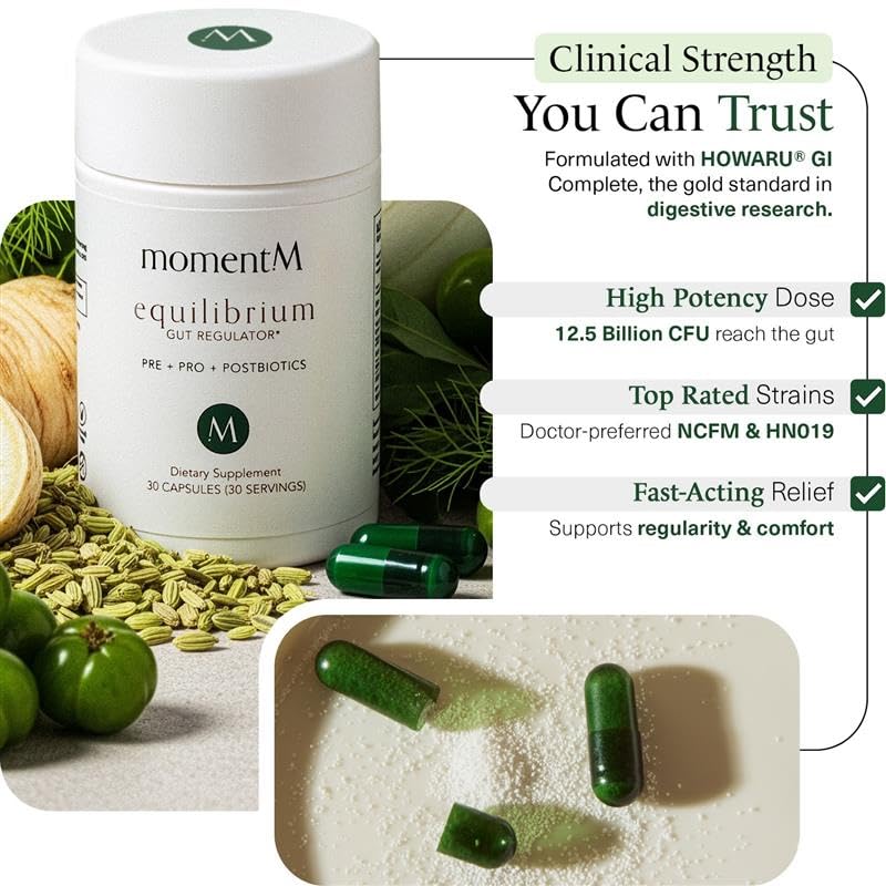 momentM Equilibrium capsules close-up, vegan delayed-release designed to reach the gut