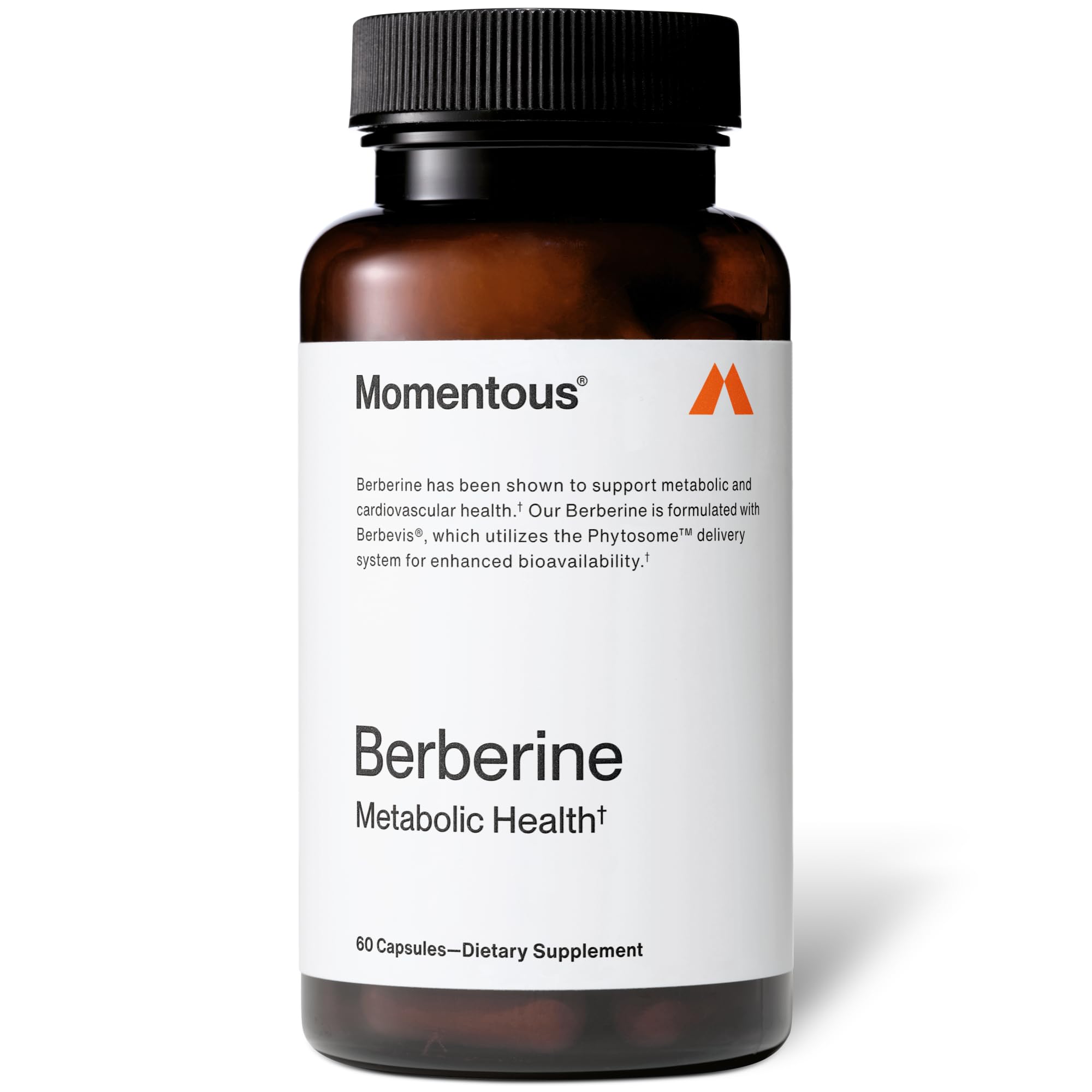 Momentous Berberine bottle label shows vegan, gluten-free, and NSF certification.