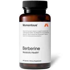 Momentous Berberine bottle label shows vegan, gluten-free, and NSF certification.