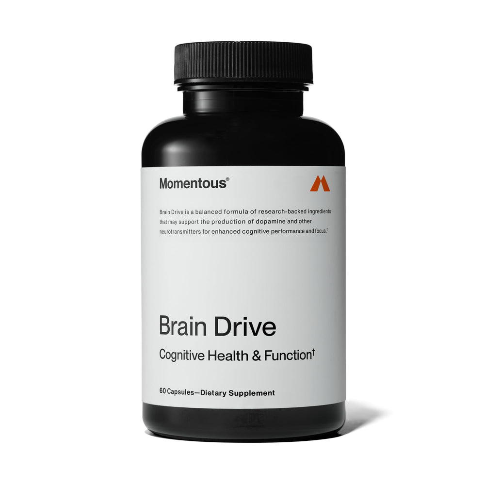 Momentous Brain Drive bottle front, non-stimulant focus support for studying.