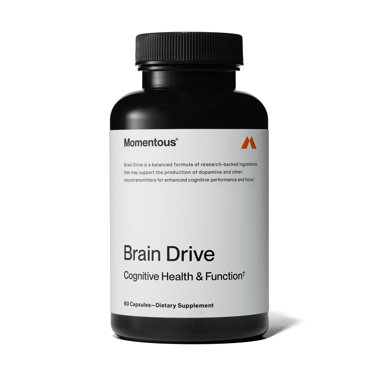 Momentous Brain Drive bottle front, non-stimulant focus support for studying.