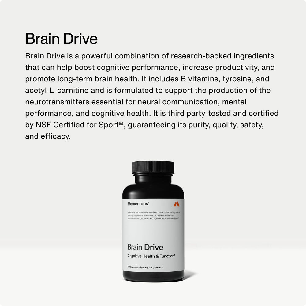 Momentous Brain Drive capsules close-up, high-quality nootropic ingredients for clarity.