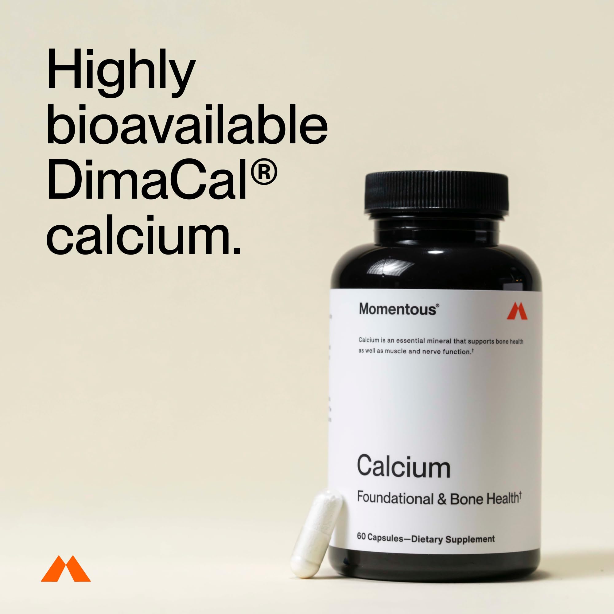 Momentous Calcium capsules shown for easy daily use.