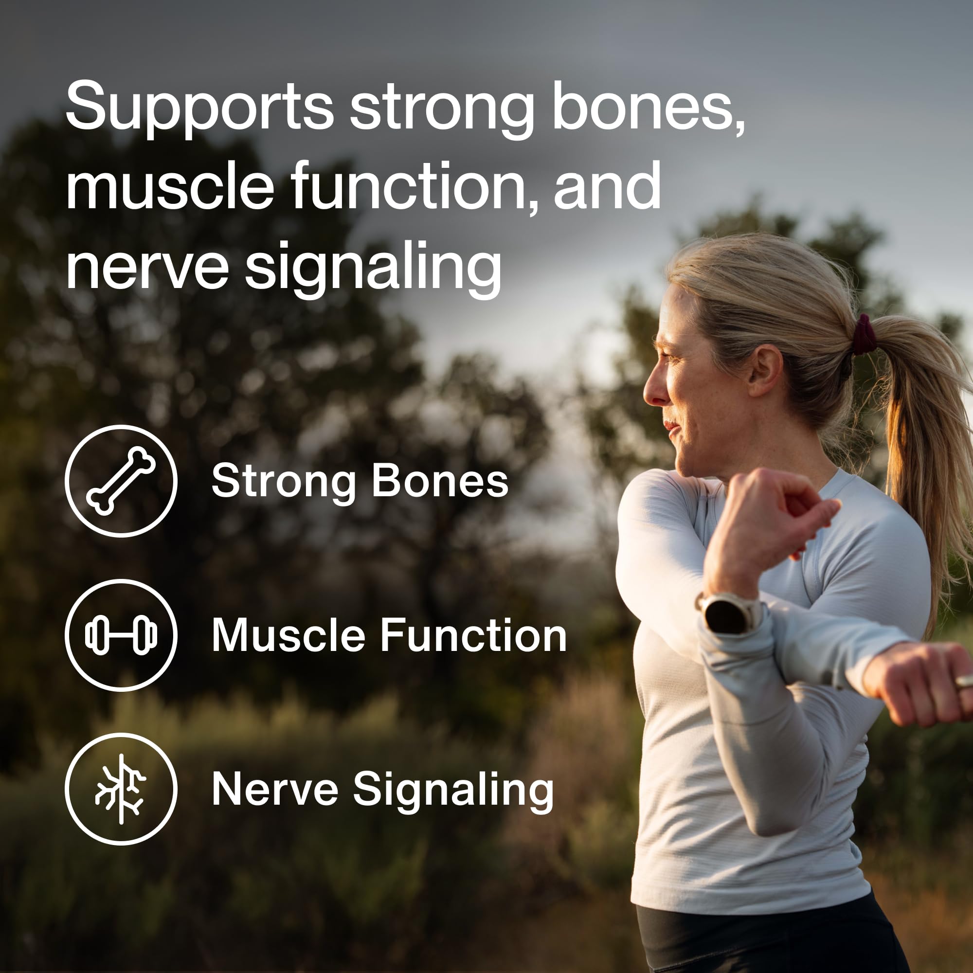 Momentous Calcium label closeup highlighting gluten-free and NSF-certified sport quality.