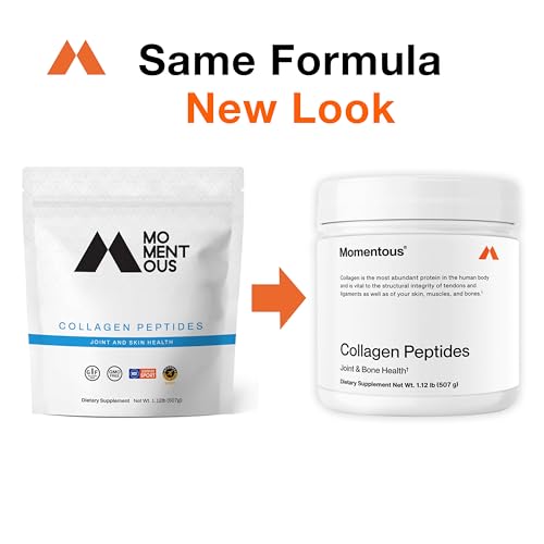 Momentous collagen peptides scoop pouring into a glass for daily use.