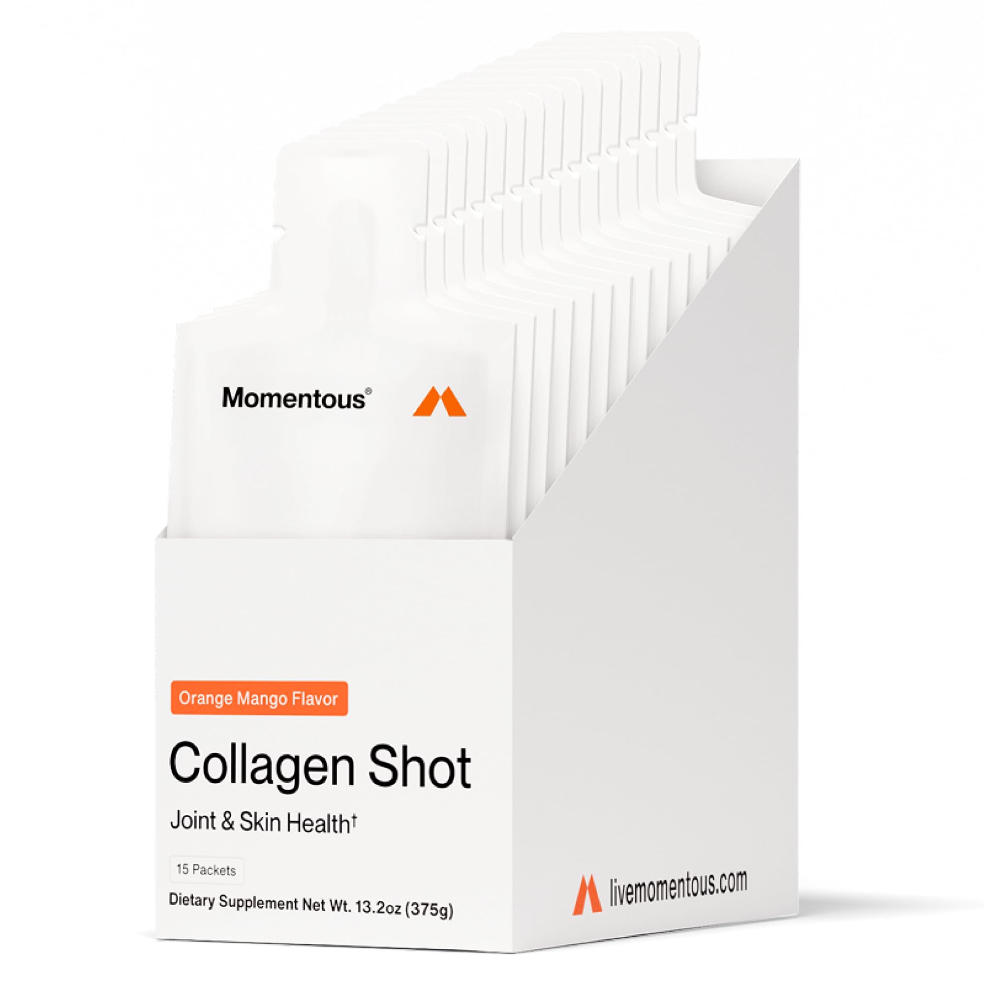 Momentous Collagen Shot front bottle in orange mango flavor for on-the-go joint support