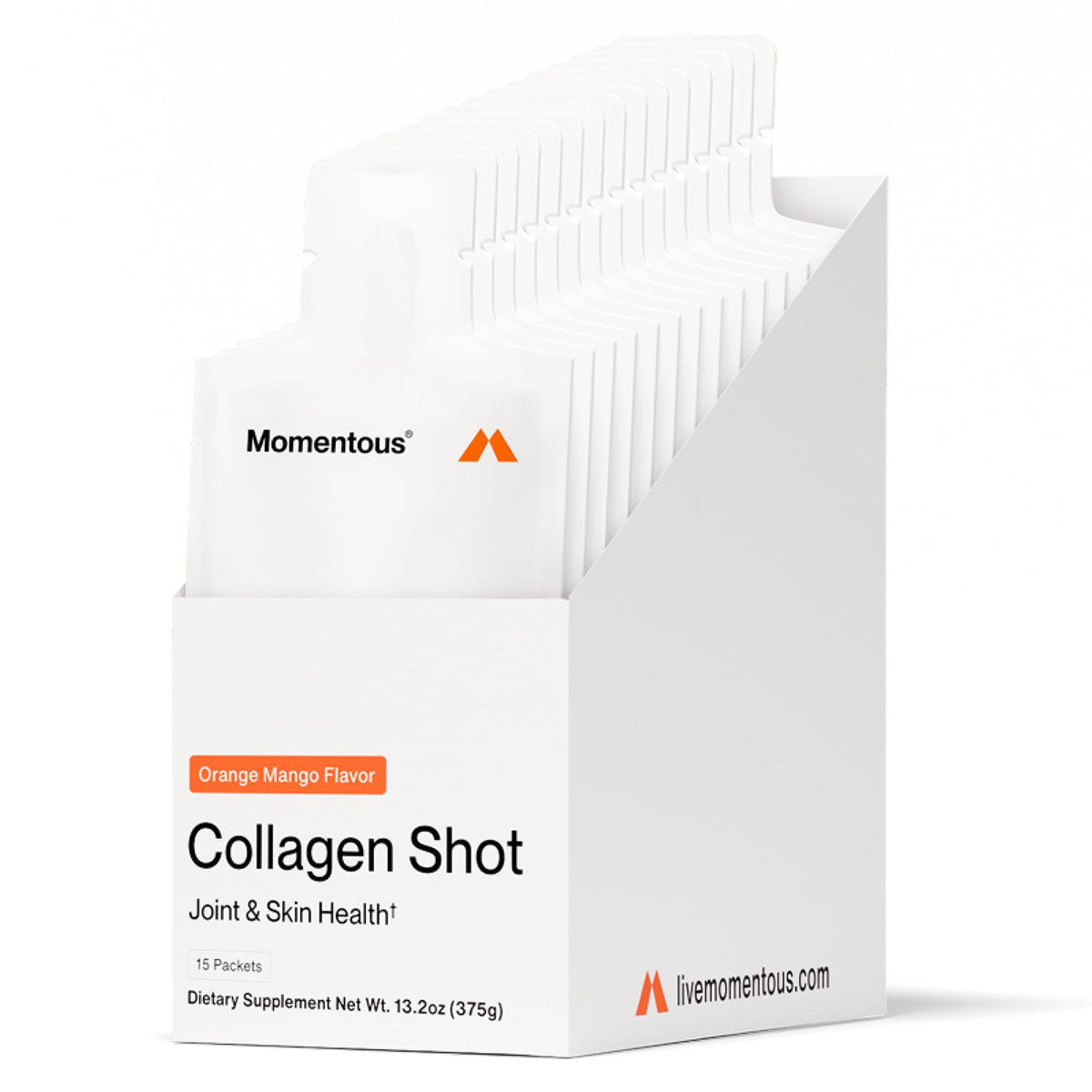 Momentous Collagen Shot front bottle in orange mango flavor for on-the-go joint support