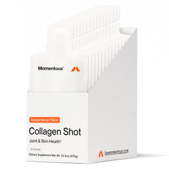 Momentous Collagen Shot front bottle in orange mango flavor for on-the-go joint support