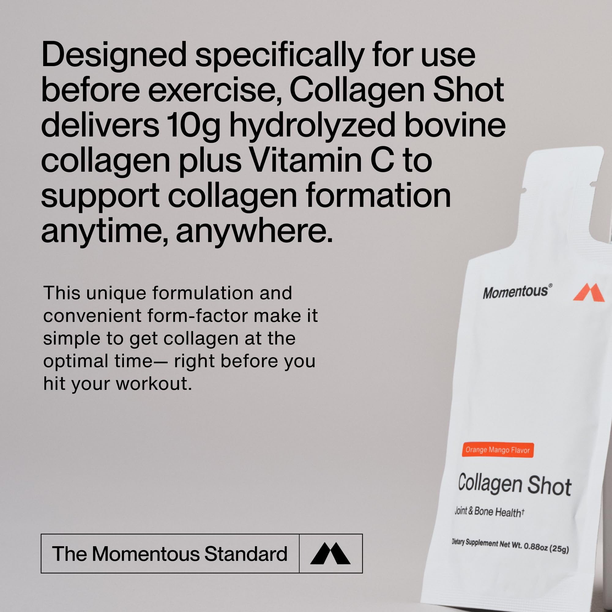 Momentous Collagen Shot ingredients panel featuring hydrolyzed collagen