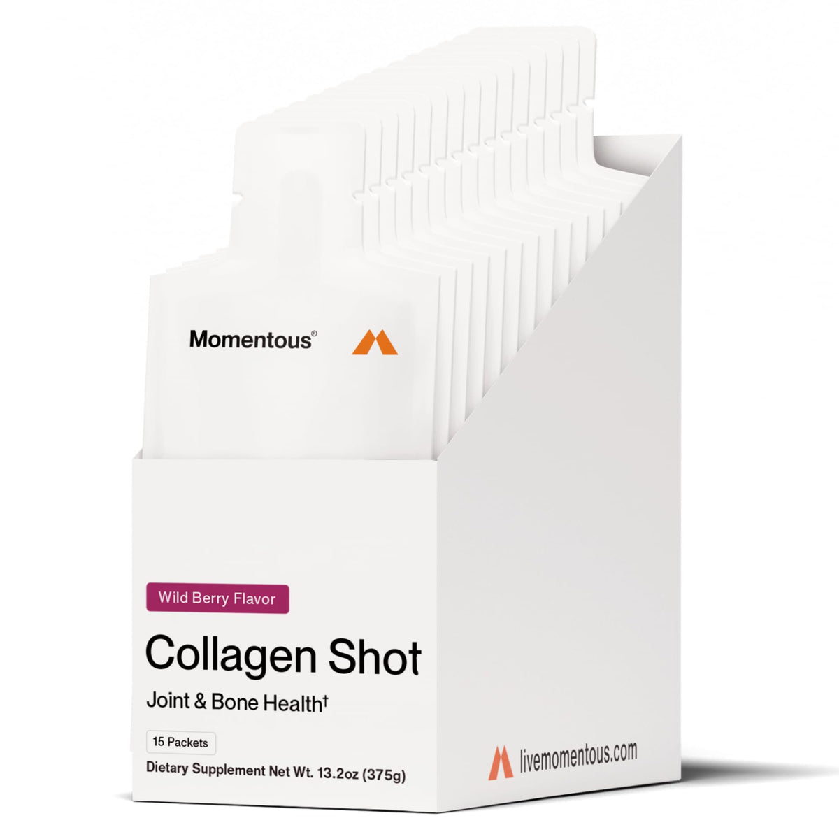 Momentous Collagen Shot wild berry bottle supports joint and connective tissue health.