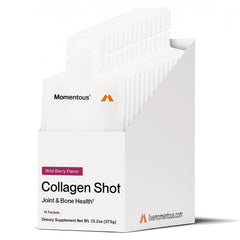 Momentous Collagen Shot wild berry bottle supports joint and connective tissue health.