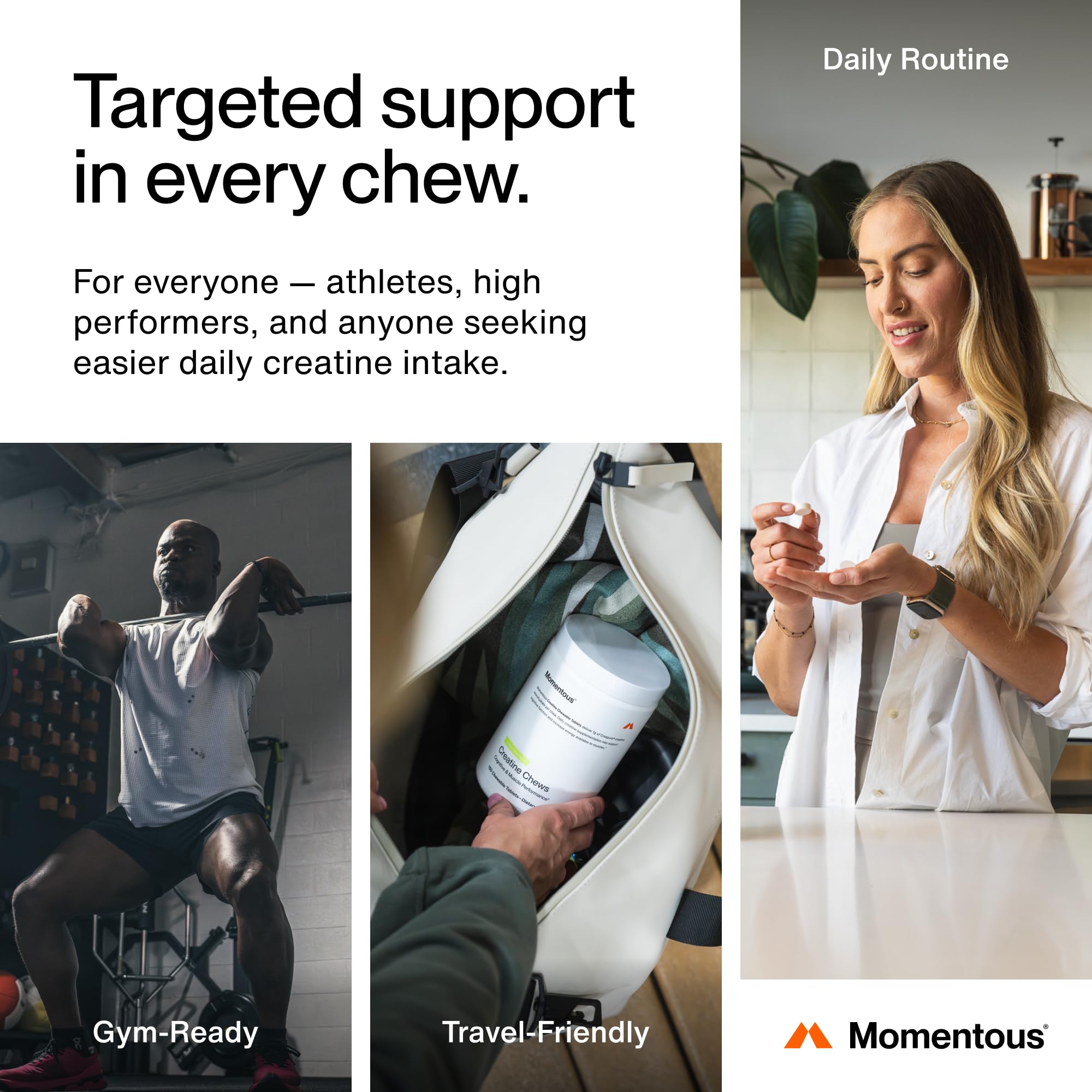 Momentous Creatine Chews ingredients label highlight Creapure purity.