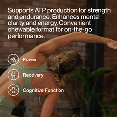 Momentous Creatine Chews lemon-lime tablets close-up emphasizing on-the-go use.