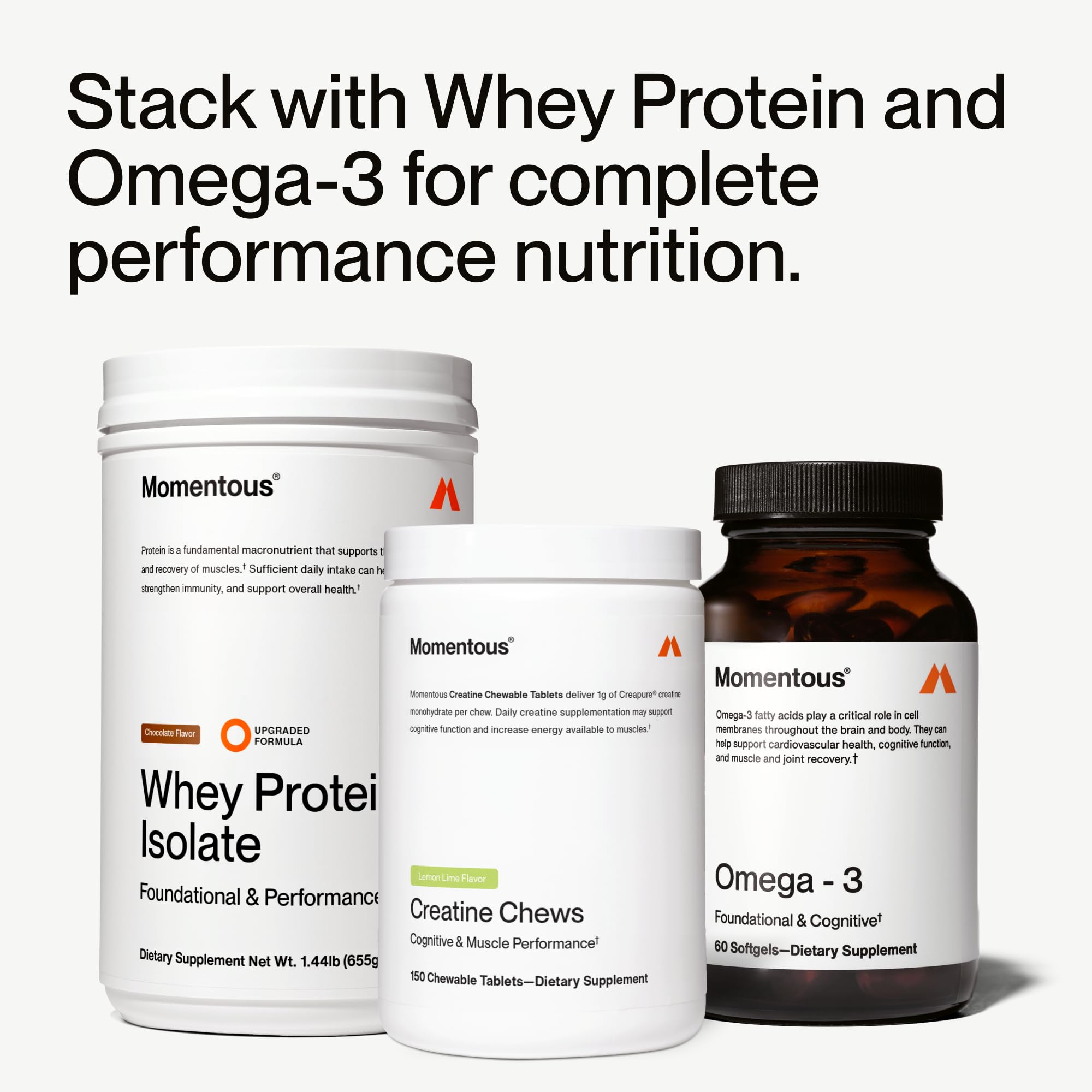 Momentous Creatine Chews on gym bag surface ready for training.