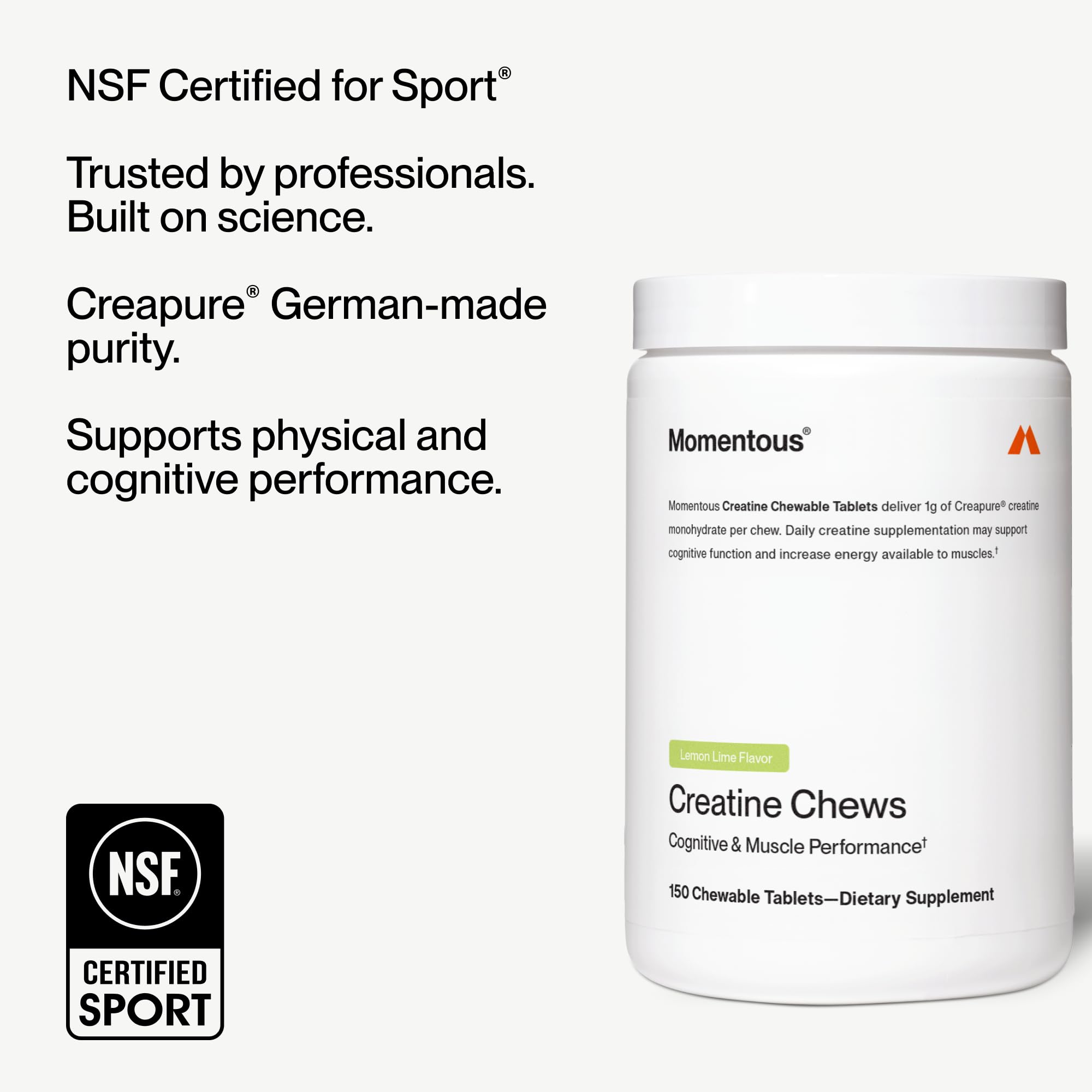 Momentous Creatine Chews open bottle with tablets invites daily supplementation.