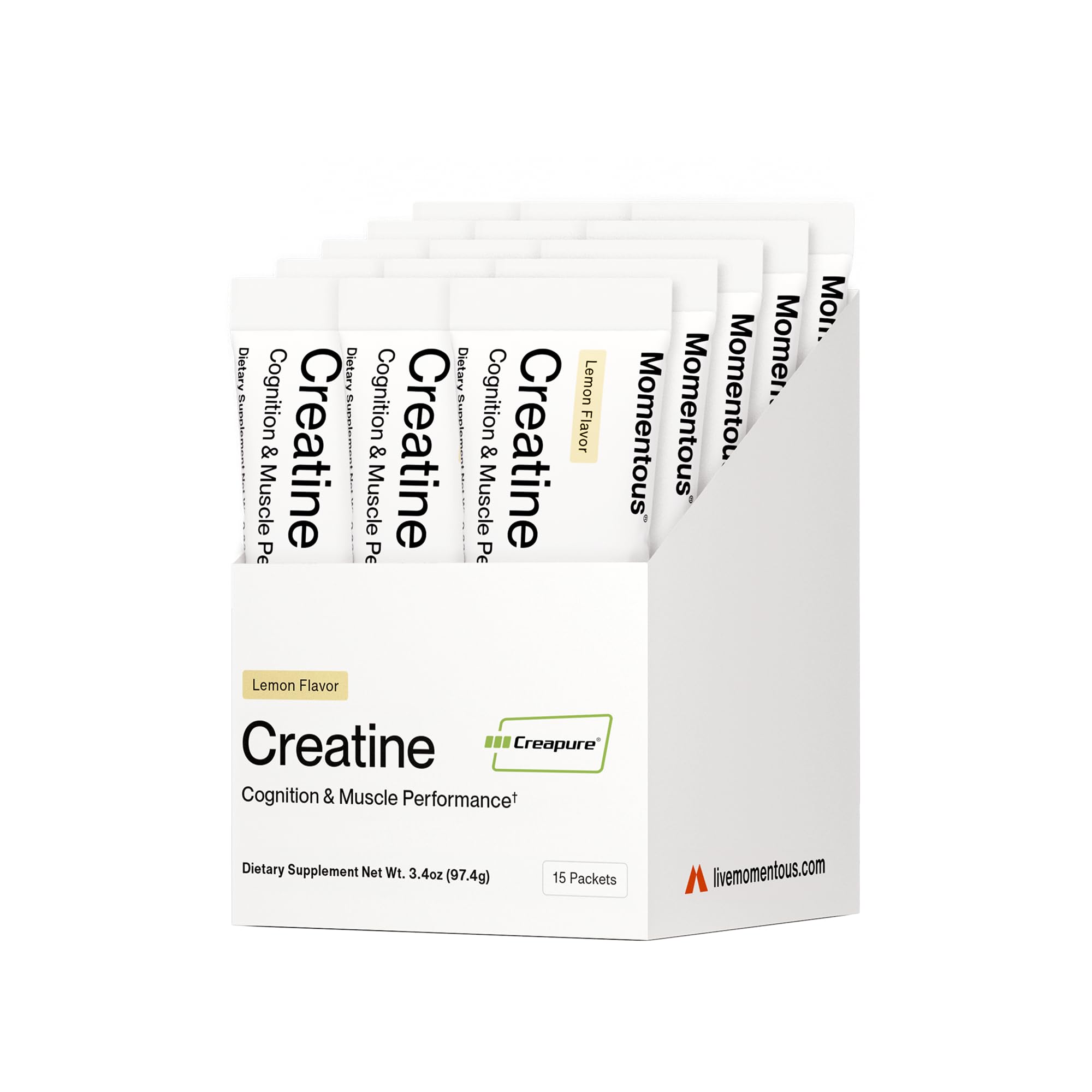 Momentous Creatine Lemon powder packaging designed for on-the-go performance and lean muscle support.
