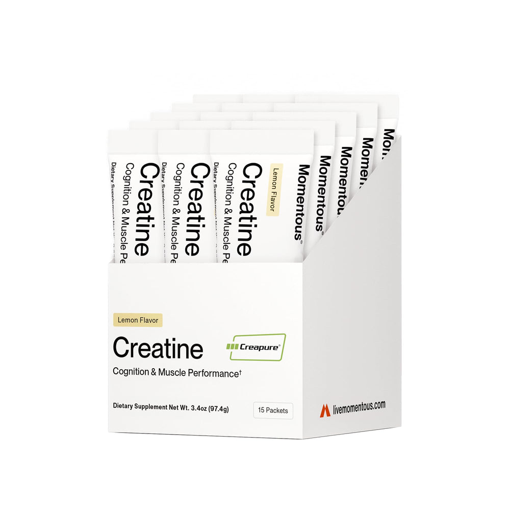 Momentous Creatine Lemon powder packaging designed for on-the-go performance and lean muscle support.