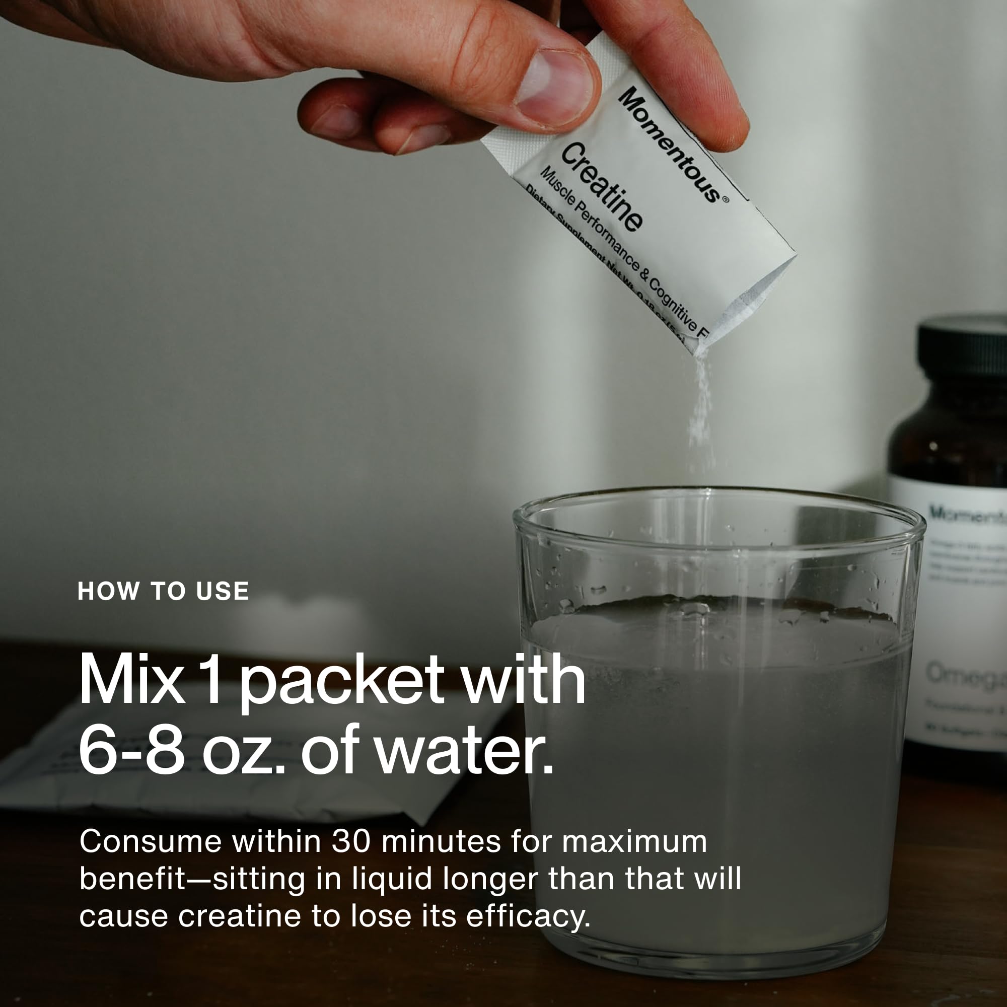 Momentous Creatine Monohydrate powder with Creapure quality seal emphasizes purity