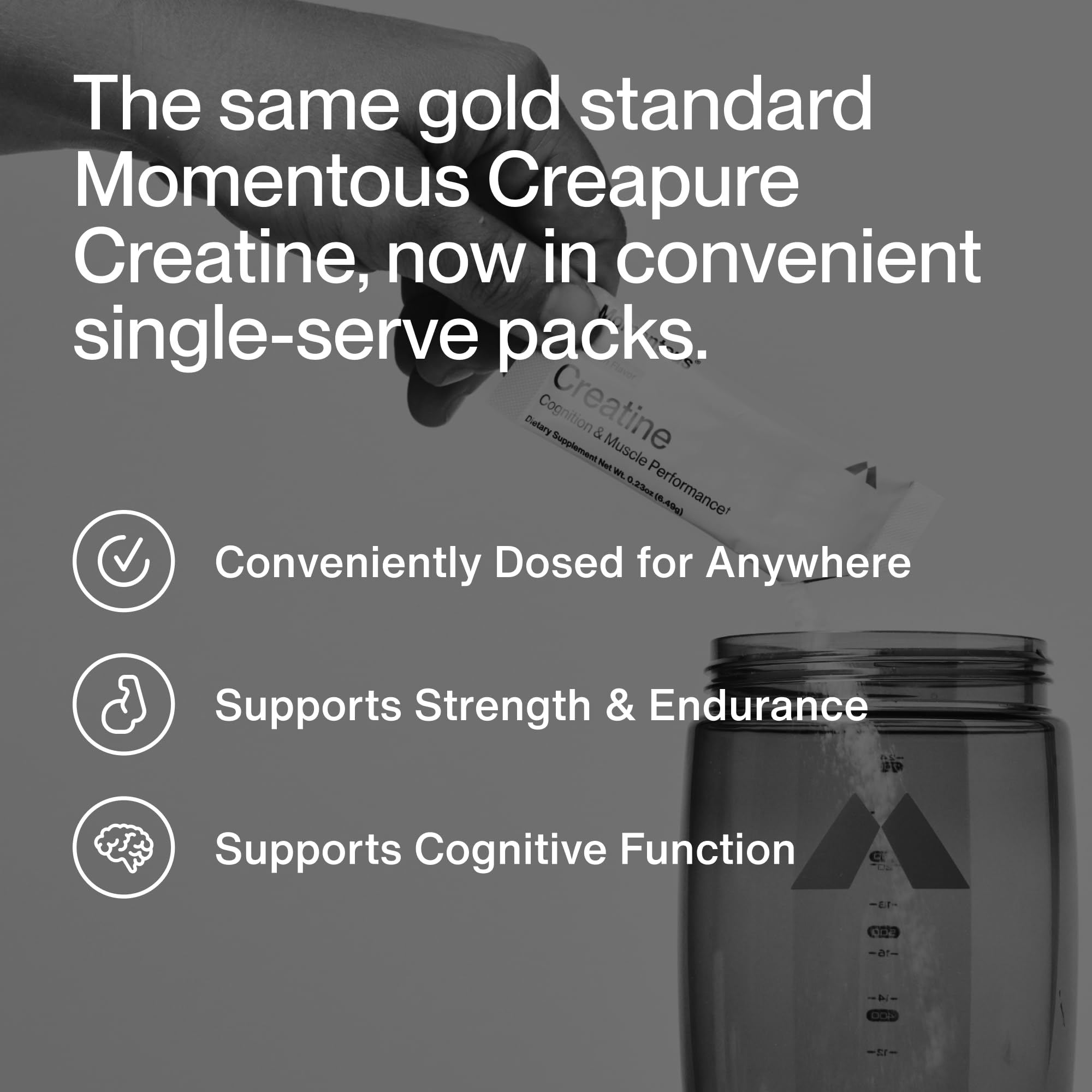 Momentous Creatine Monohydrate powder serving beside glass demonstrates easy post-workout fuel
