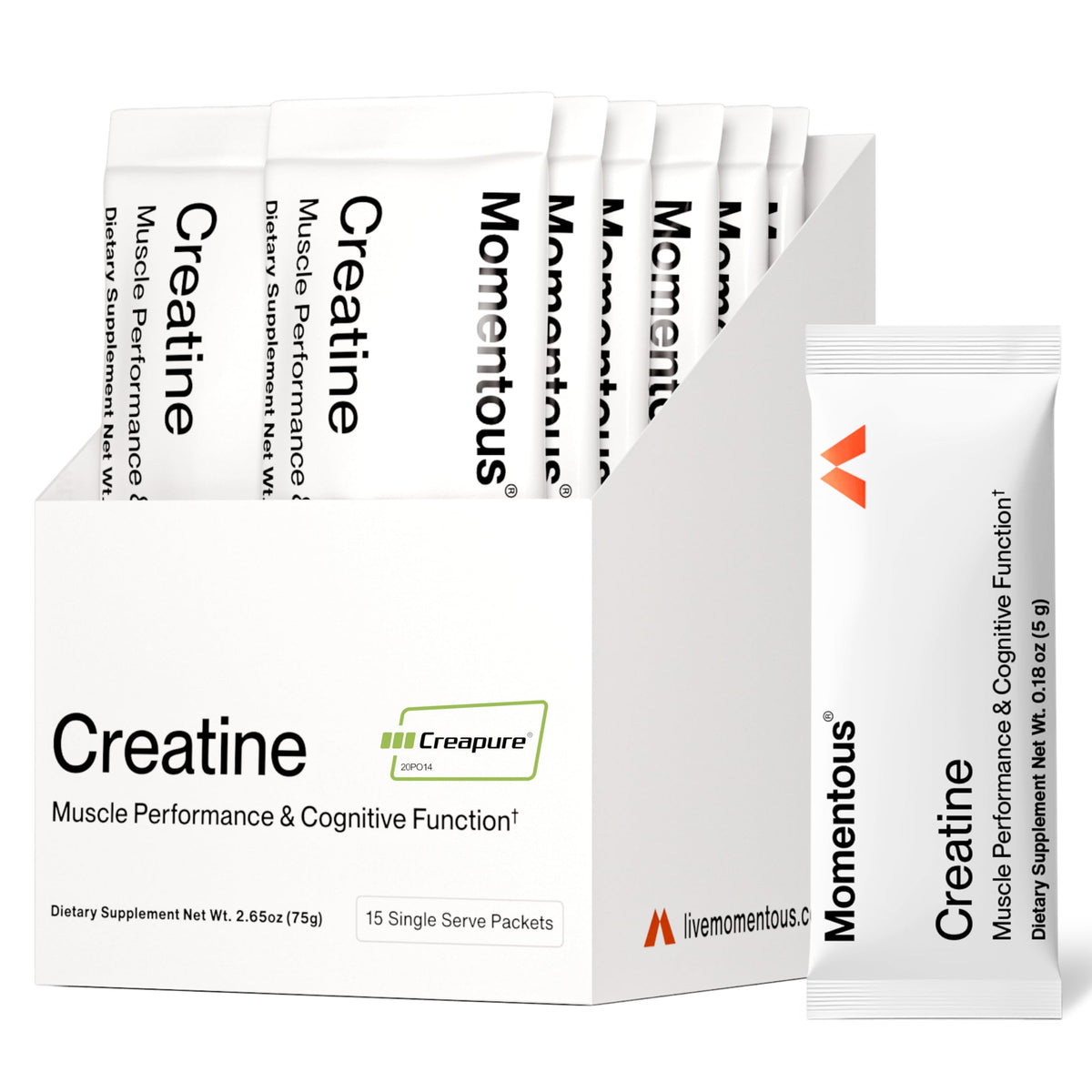 Momentous Creatine Monohydrate powder tub on shelf supports lean performance